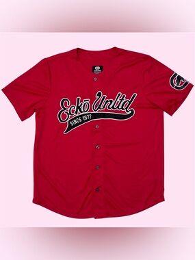 Ecko Unltd Hit Parade Button Front Rhino Art Baseball Top Red Large